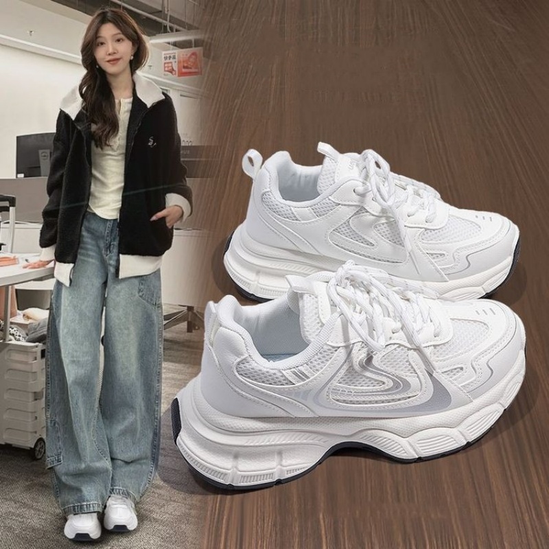 Knit Fabric Lace Up Sneakers - รองเท้าผ้าใบกีฬาผู้หญิง 6 สไตล์ ผ้าถักตาข่าย พื้นหนา สำหรับฤดูใบไม้ผลิและฤดูใบไม้ร่วง