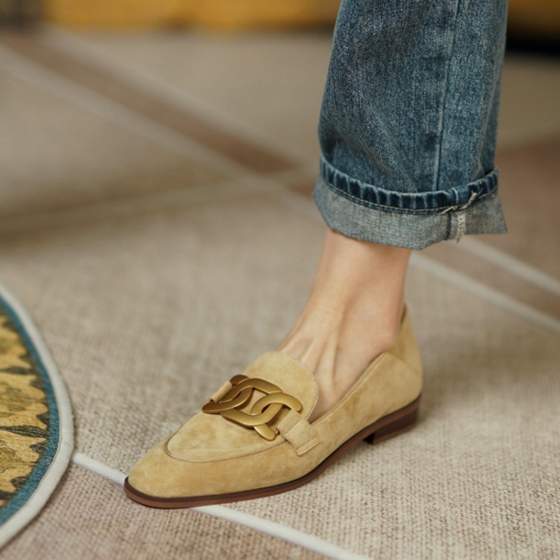 Women'S Shoes - หนังนิ่มหนังผู้หญิง Loafers ฤดูใบไม้ผลิ/ฤดูใบไม้ร่วงรองเท้าส้นสูงผู้หญิงรองเท้ารอบ Toe Chunky ส้นปั๊มโลหะหัวเข็มขัดรองเท้าสำหรับสตรี