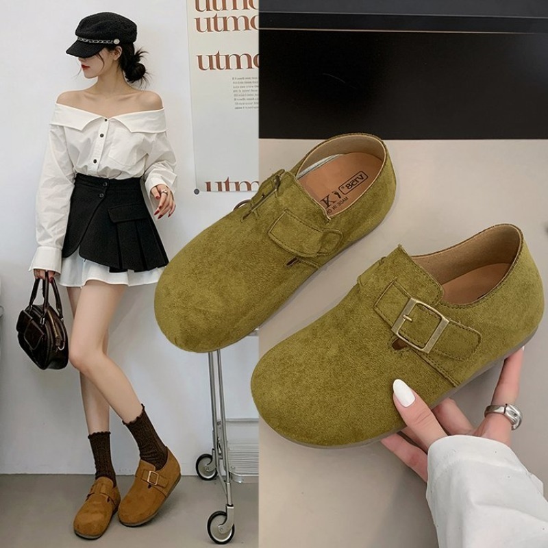 Women'S Shoes - รองเท้าบิร์เคนสำหรับผู้หญิง หนังกลับ ปิดส้น หัวเหลี่ยม หัวกลม หัวเข็มขัดโลหะ