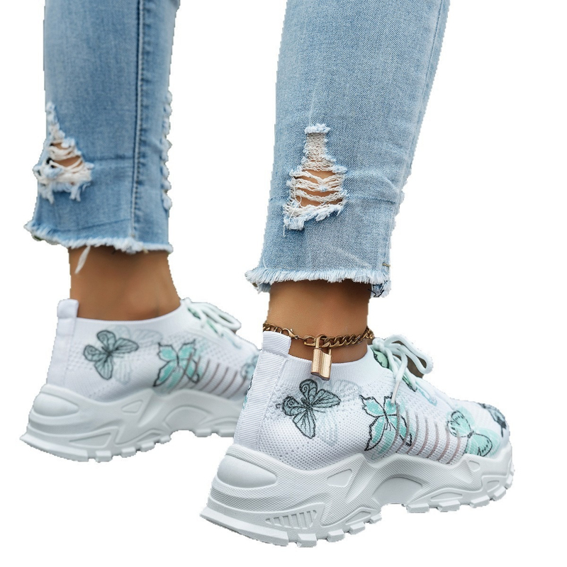 รองเท้าผ้าใบตาข่ายพิมพ์ลายผีเส - Knit Fabric Lace Up Sneakers บทวิจารณ์และราคา